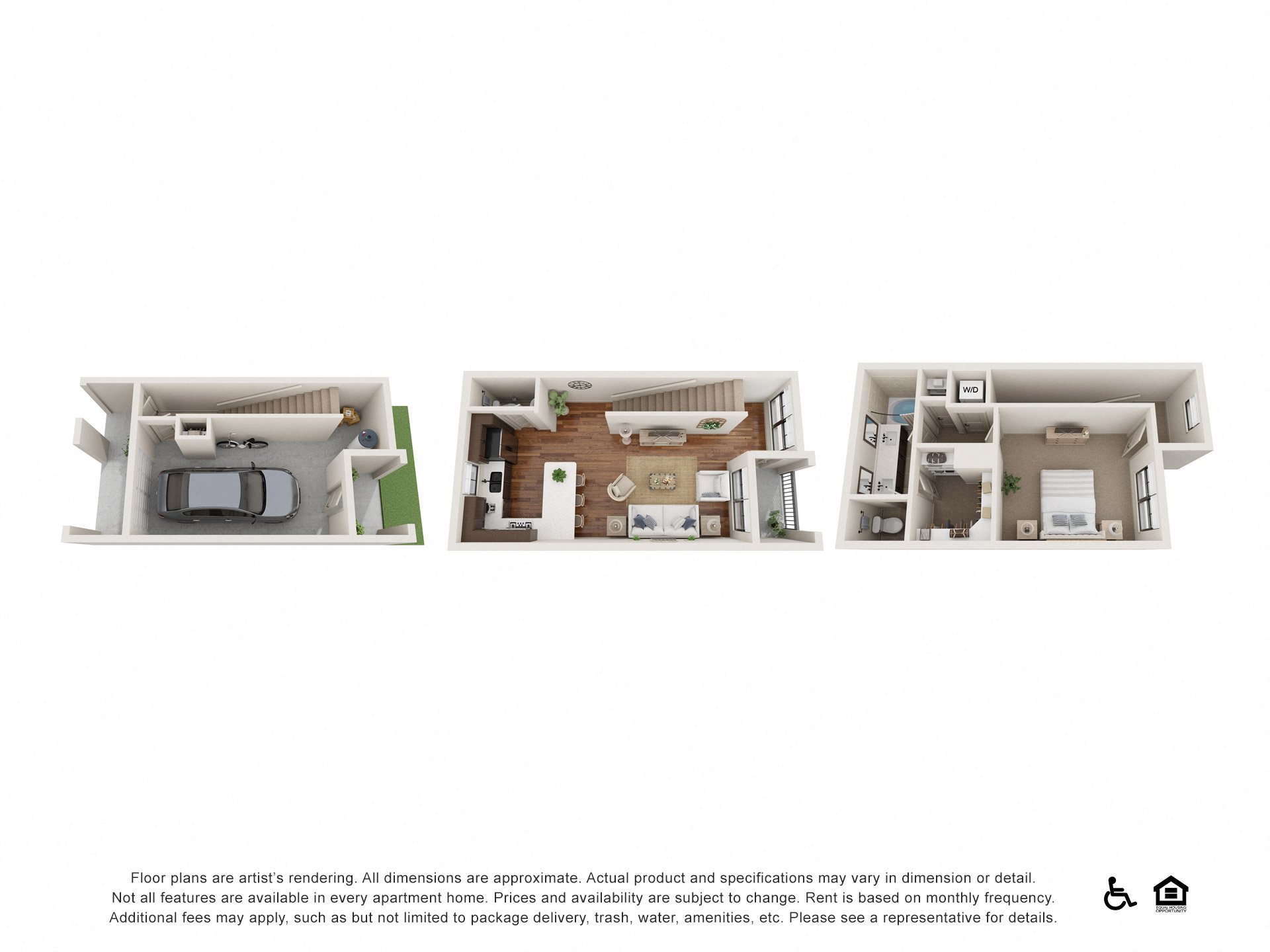 a stylized floor plan of a 3 bedroom apartment